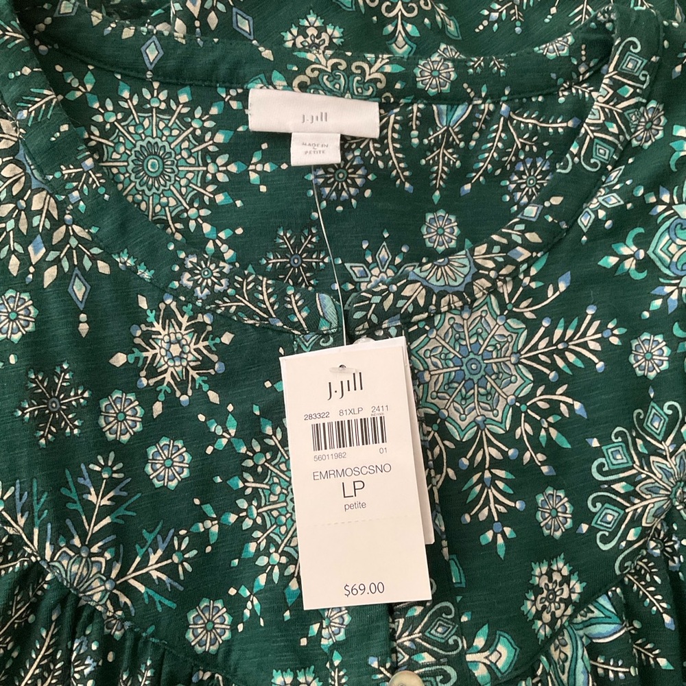 NEW J. Jill Large Petite Green Snowflake Print Henley Long Sleeve Blouse - Picture 7 of 11
